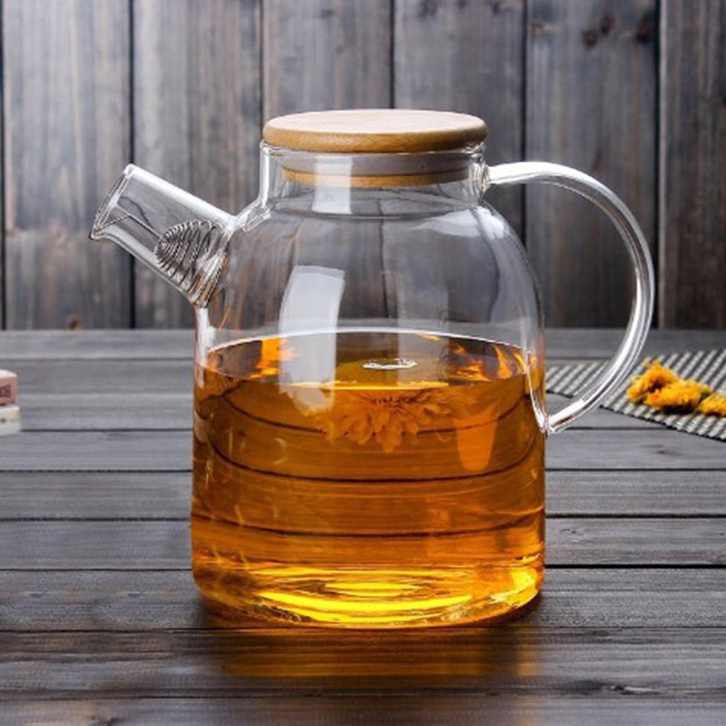 MHome Glass Water Pitcher with Bamboo Lid and Filter – 1.5L High Borosilicate Beverage Jug