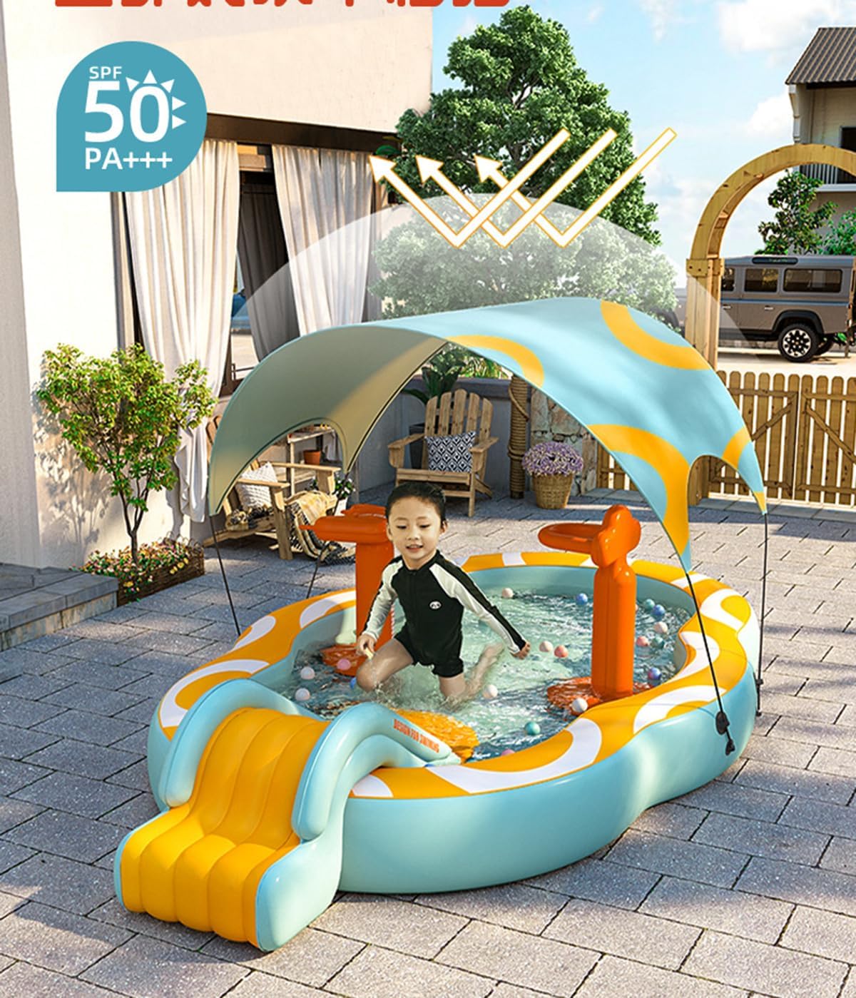 MHome Children’s Inflatable Pool Set with Sunshade – Large Foldable Family Splash Pool