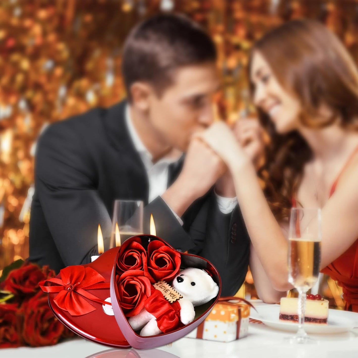 Valentine’s Day Rose Bear Gift Box – Artificial Rose Teddy with “I Love You” Design (Red)