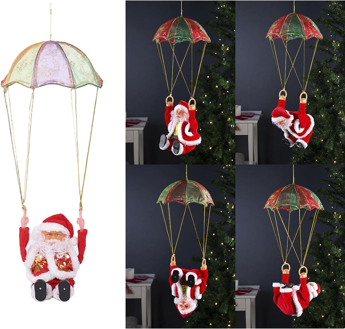 Flying Somersault Santa Claus Hanging Ornament, Musical Parachute Christmas Decoration