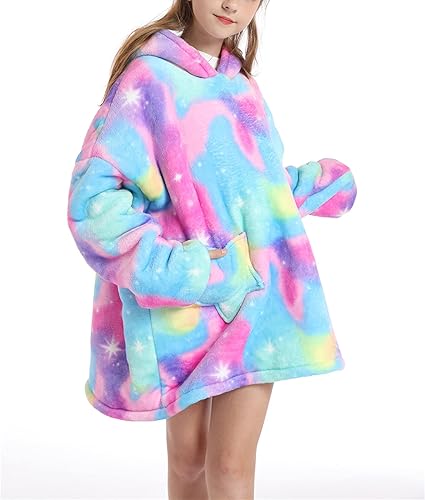 Huggle Kids Glow in the Dark Oversized Hoodie Blanket – Sherpa Fleece, One Size, Super Soft & Lightweight