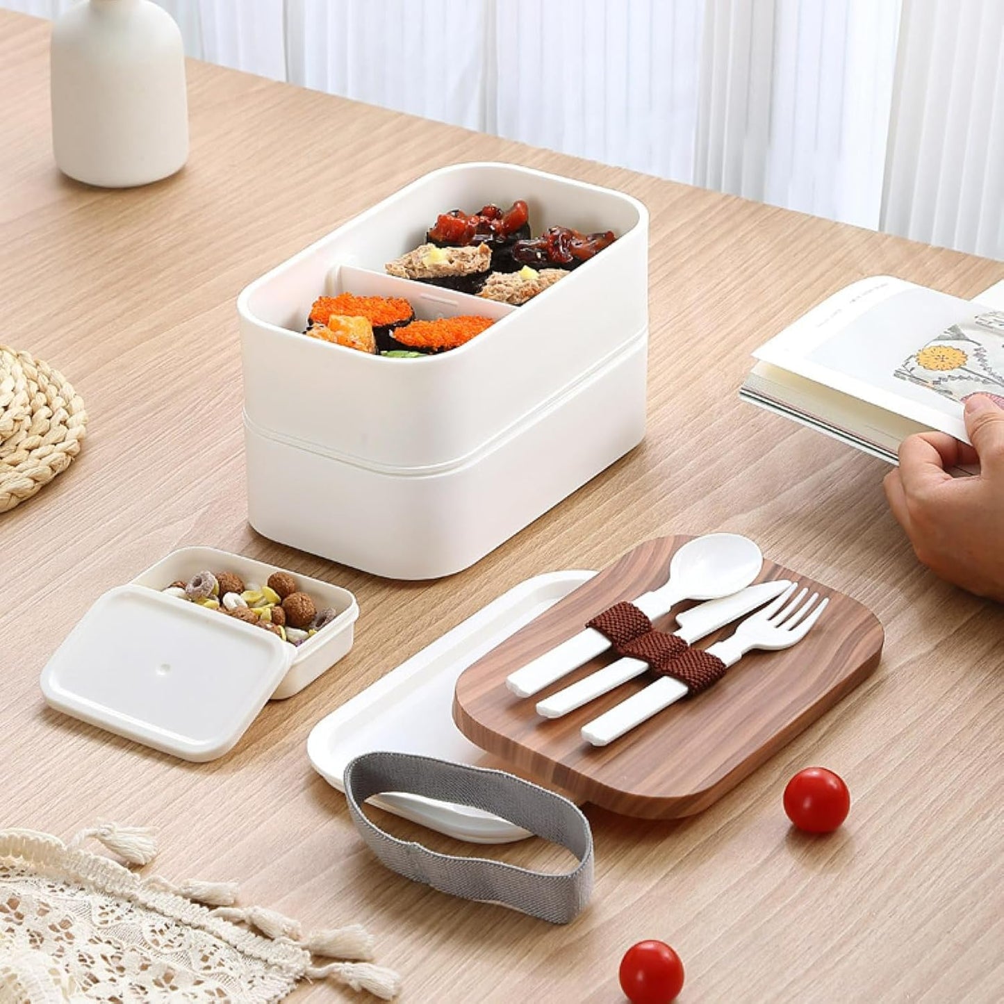 MHome Wood Grain Double-Layer Bento Lunch Box – Microwave-Safe, Lightweight, Leakproof