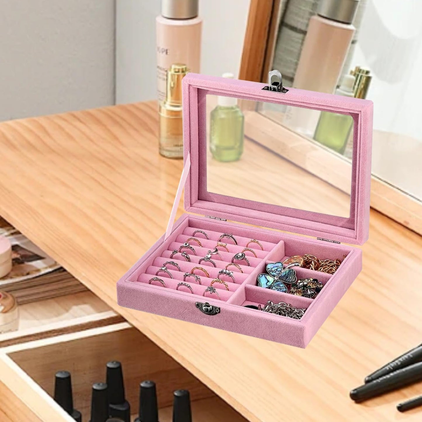 MBEAUTY Velvet Jewelry Organiser Box with Glass Lid & Adjustable Compartments