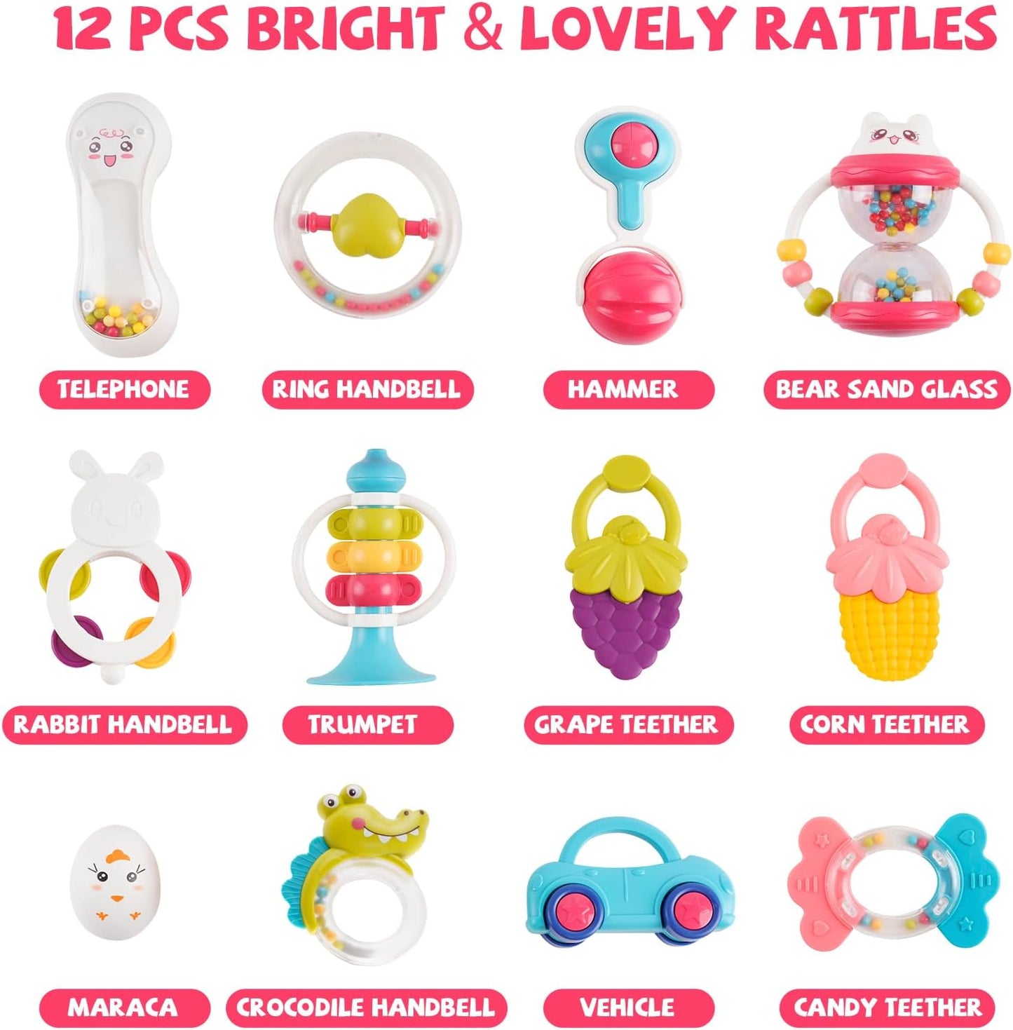Baby Rattles & Teether Toys Set – 12 PCS Sensory Toys for Newborns (0–12 Months)