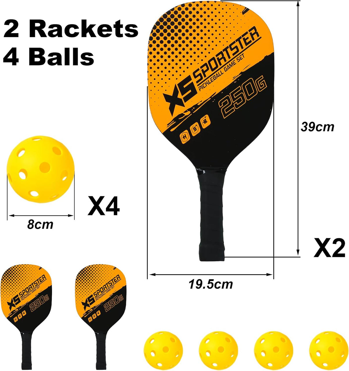 Pickle Ball Set, 2 Wooden Paddle Rackets with 4 Balls