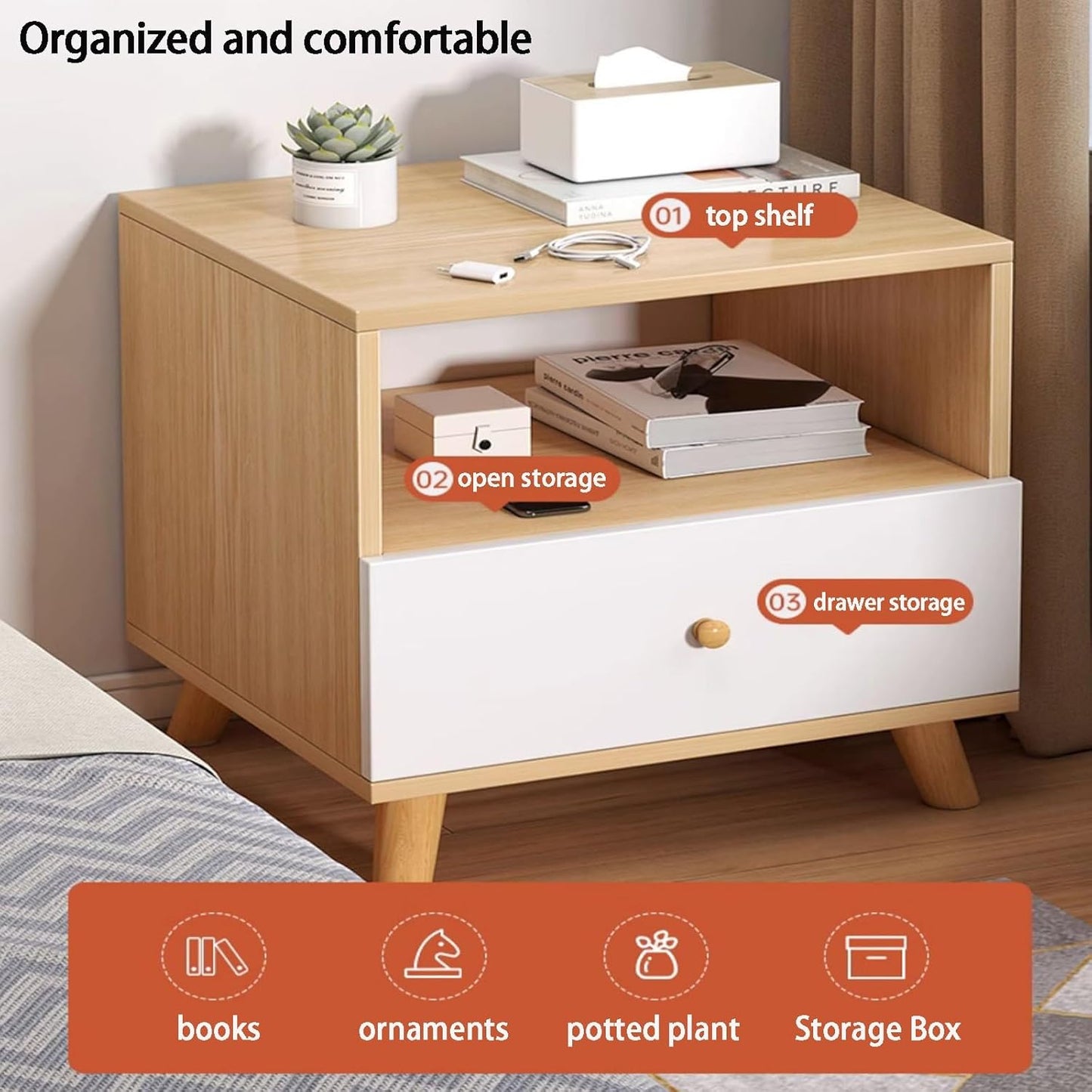 MHome Modern Single-Drawer Nightstand – Scandinavian Minimalist Design