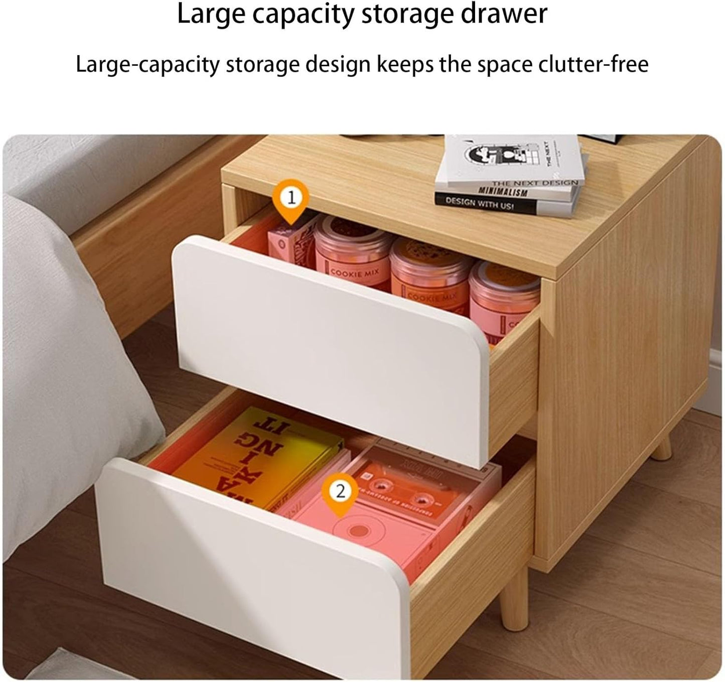 MHome Small Bedside Table / Storage Cabinet – Modern 2-Drawer Nightstand