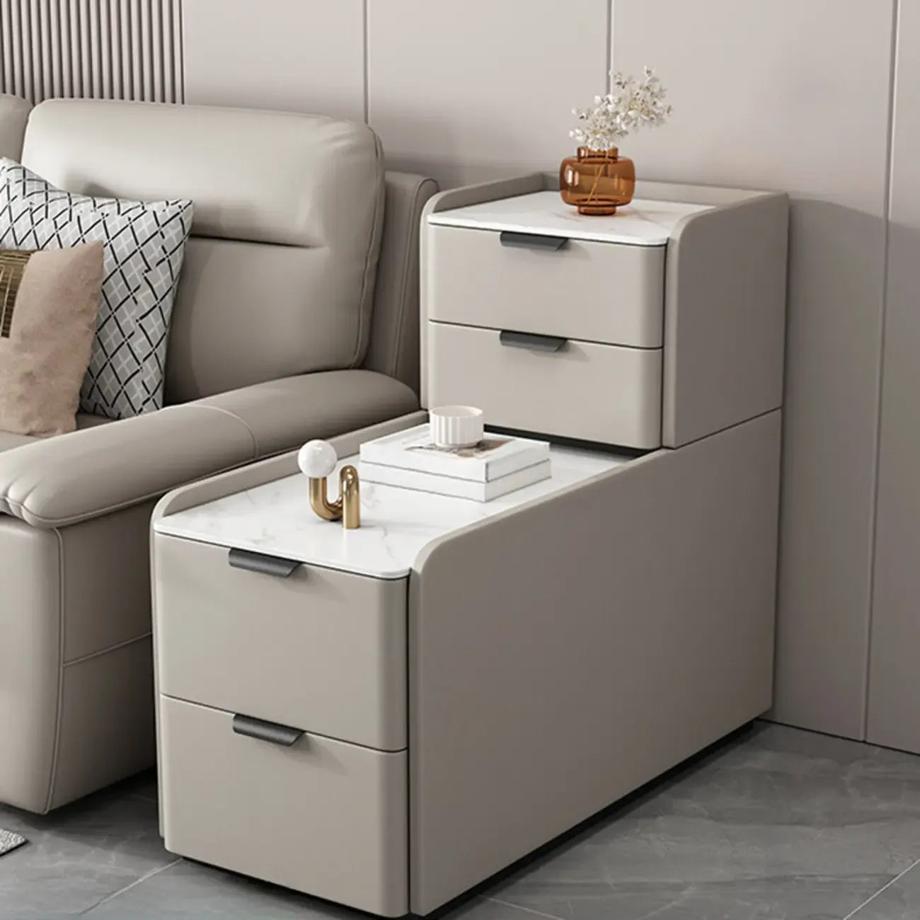 MFURN Modern Simple Style Rectangular White Sintered Stone Side Table with Block Base and 4 Drawers