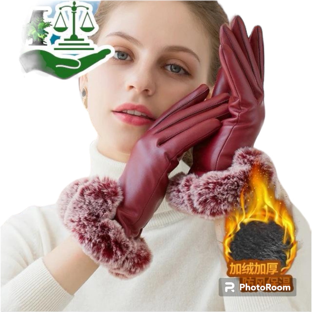 Women Winter Gloves Faux Rabbit PU Leather Touch Screen Mittens Lady Female Outdoor Driving Warm Gloves