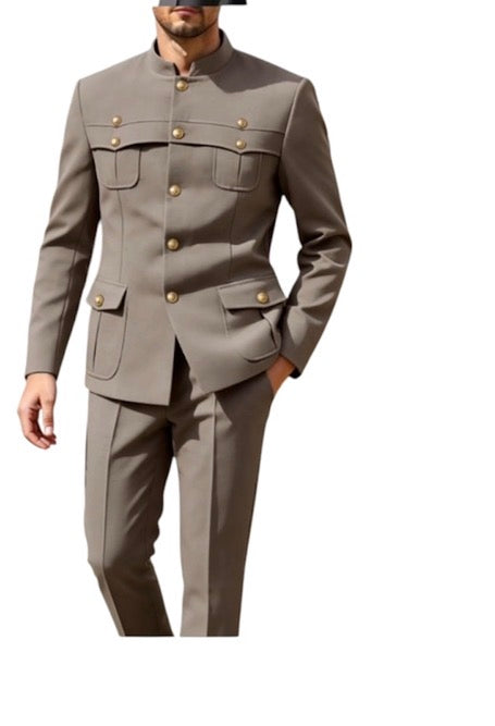 Men’s Military Inspired Mandarin Collar Safari Suit -Various Colours