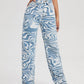 High-Waist Denim Pants with Blue Swirl Print – Stylish Wavy Ripple Graphic, Zipper Button Closure, and Slash Pockets - Ladies
