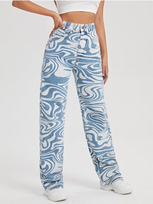 High-Waist Denim Pants with Blue Swirl Print – Stylish Wavy Ripple Graphic, Zipper Button Closure, and Slash Pockets - Ladies