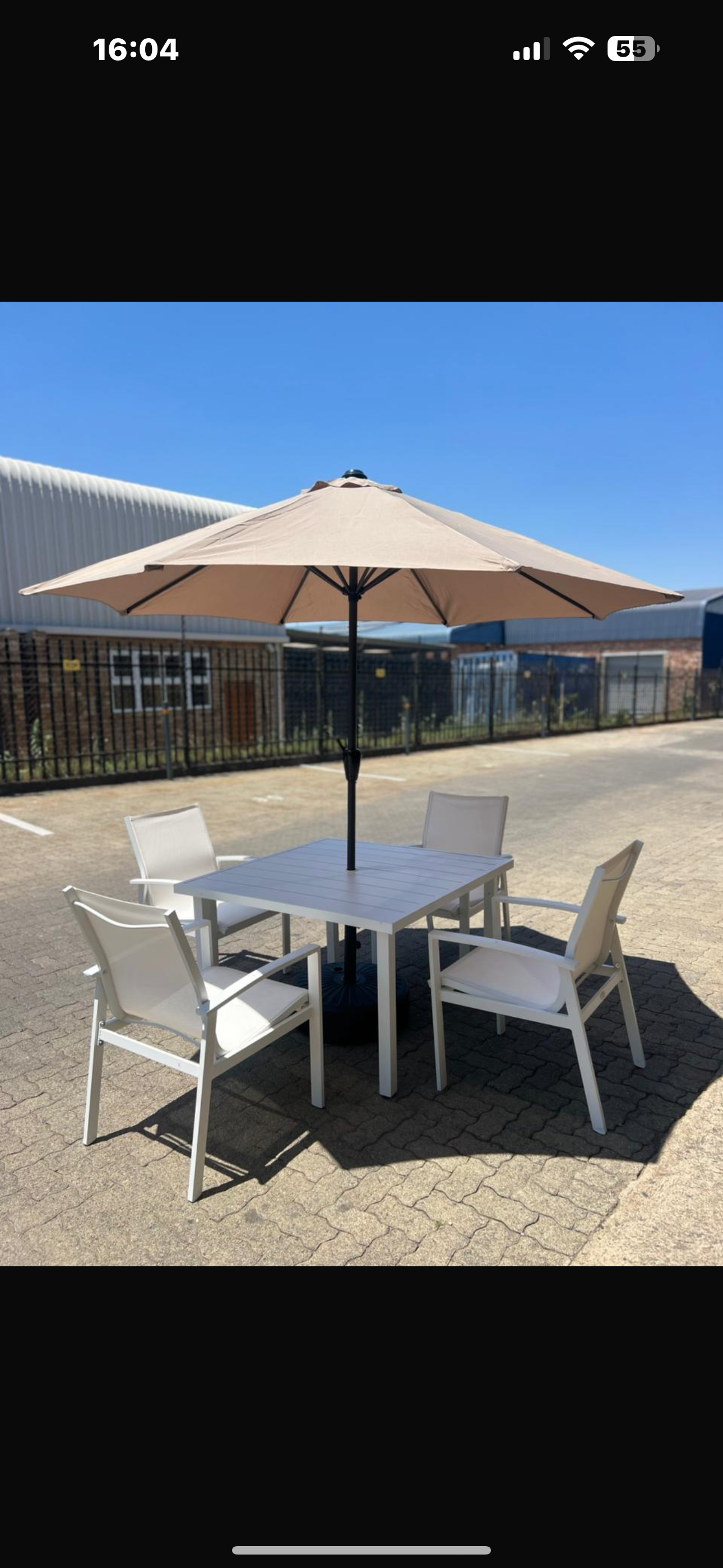 MFurn Zanele Inspired White 6pc  Outdoor Dining Set With Aluminium Frame Inc Umbrella+Base