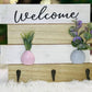 MHome Rustic Welcome Sign with hanging Hooks, Wooden Wall Mounted Shelf, White and Natural Wood, Farmhouse Style with Artificial Flower Vases