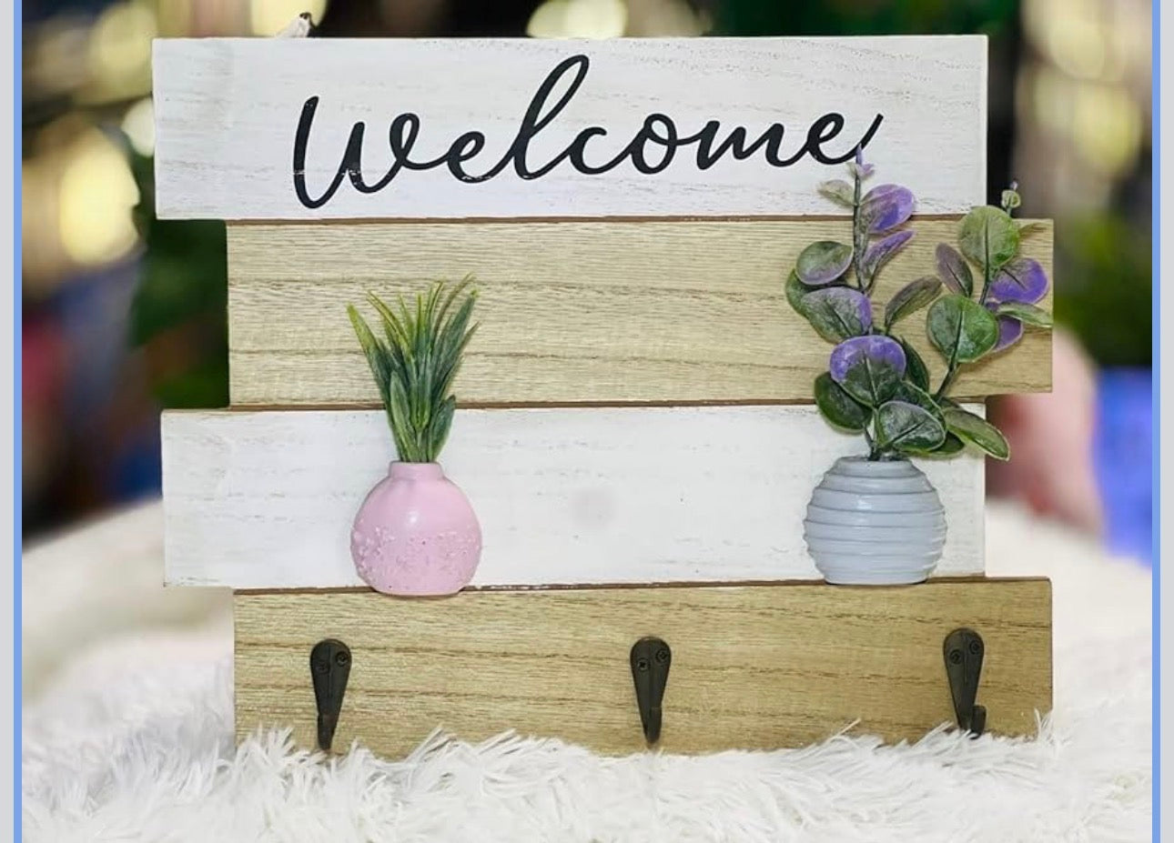 MHome Rustic Welcome Sign with hanging Hooks, Wooden Wall Mounted Shelf, White and Natural Wood, Farmhouse Style with Artificial Flower Vases