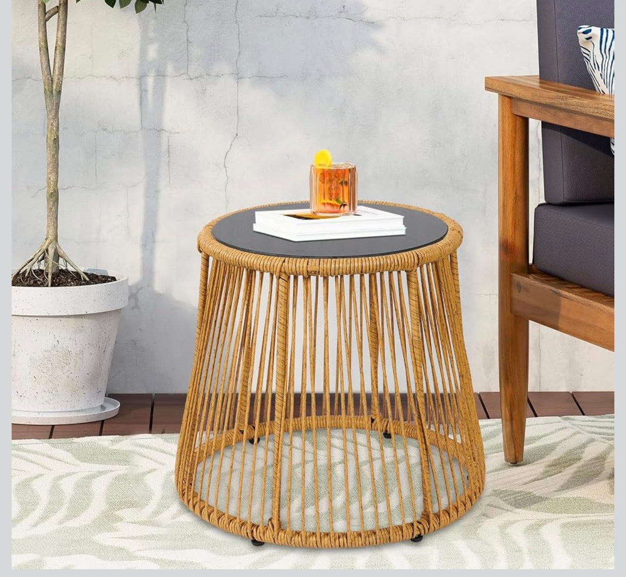 MFURN Caleb 3Piece Patio Bistro Set, Wicker Outdoor Patio Set with Enhanced Comfort Seating, Round Glass Top Coffee Side Table, Patio Rattan Conversation Set for Balcony, Lawn, Garden, Backyard