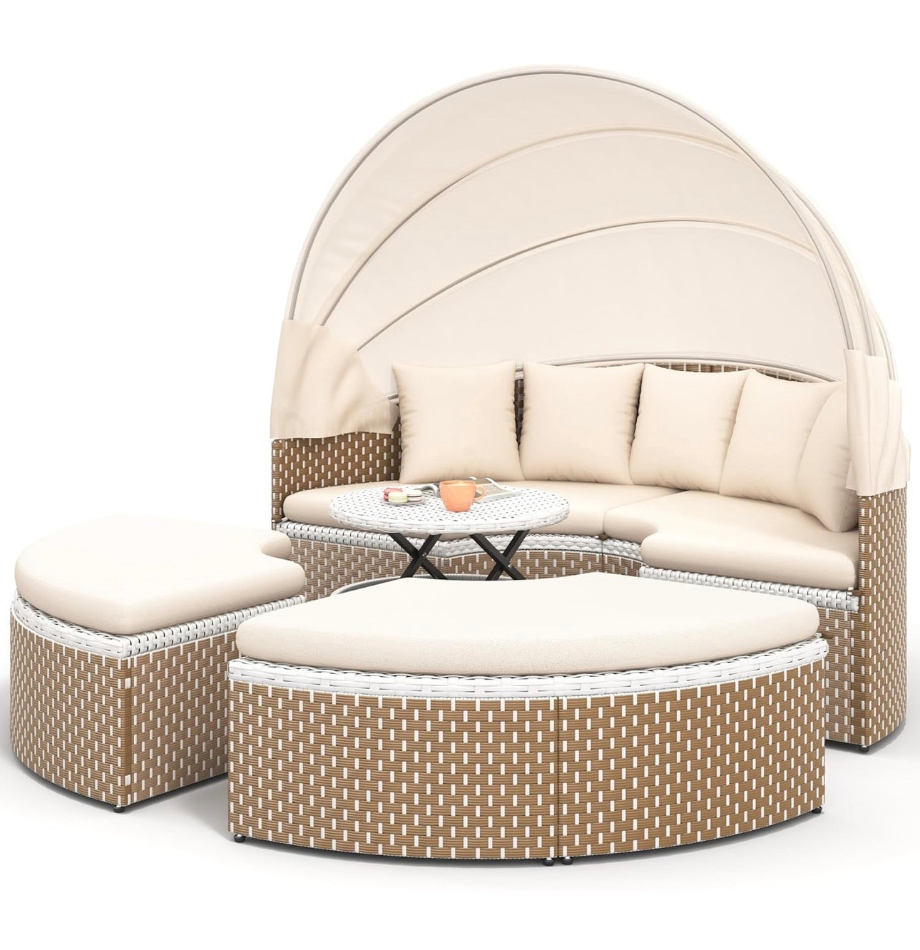 MFURN Rattan Sun Island with Foldable Sun Canopy, Polyrattan Lounge Set Including Cushions & Height-Adjustable Coffee Table, Outdoor Sun Lounger, Garden Lounger, for Garden, Patio, Porch-Pre-Order Sales Now Available
