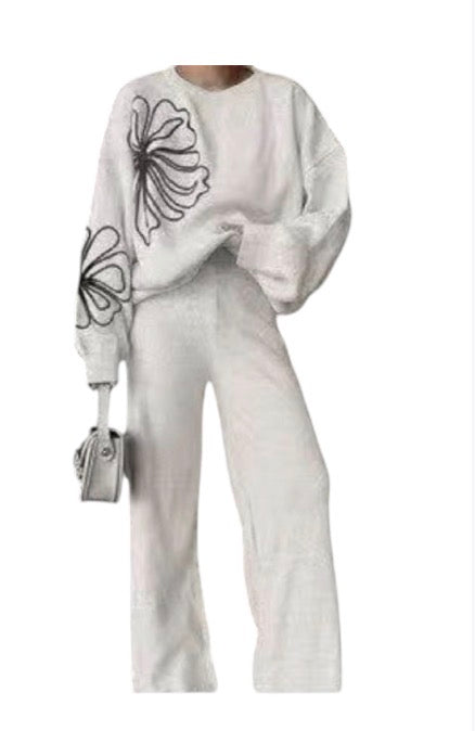 Ladies Floral Embroidery Knitted Loungewear 2pc - Various Colours