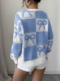 Ladies Coquette-Aesthetic Checkered Bow Knit Sweater-Various Colours