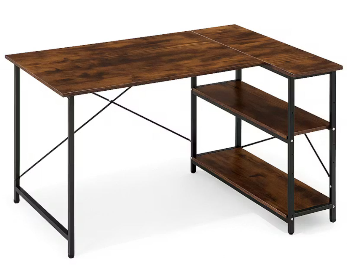 MFurn L-Shaped Computer Desk with Storage Shelves – Reversible Corner Workstation