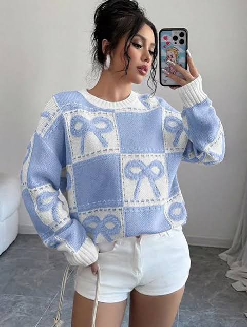 Ladies Coquette-Aesthetic Checkered Bow Knit Sweater-Various Colours