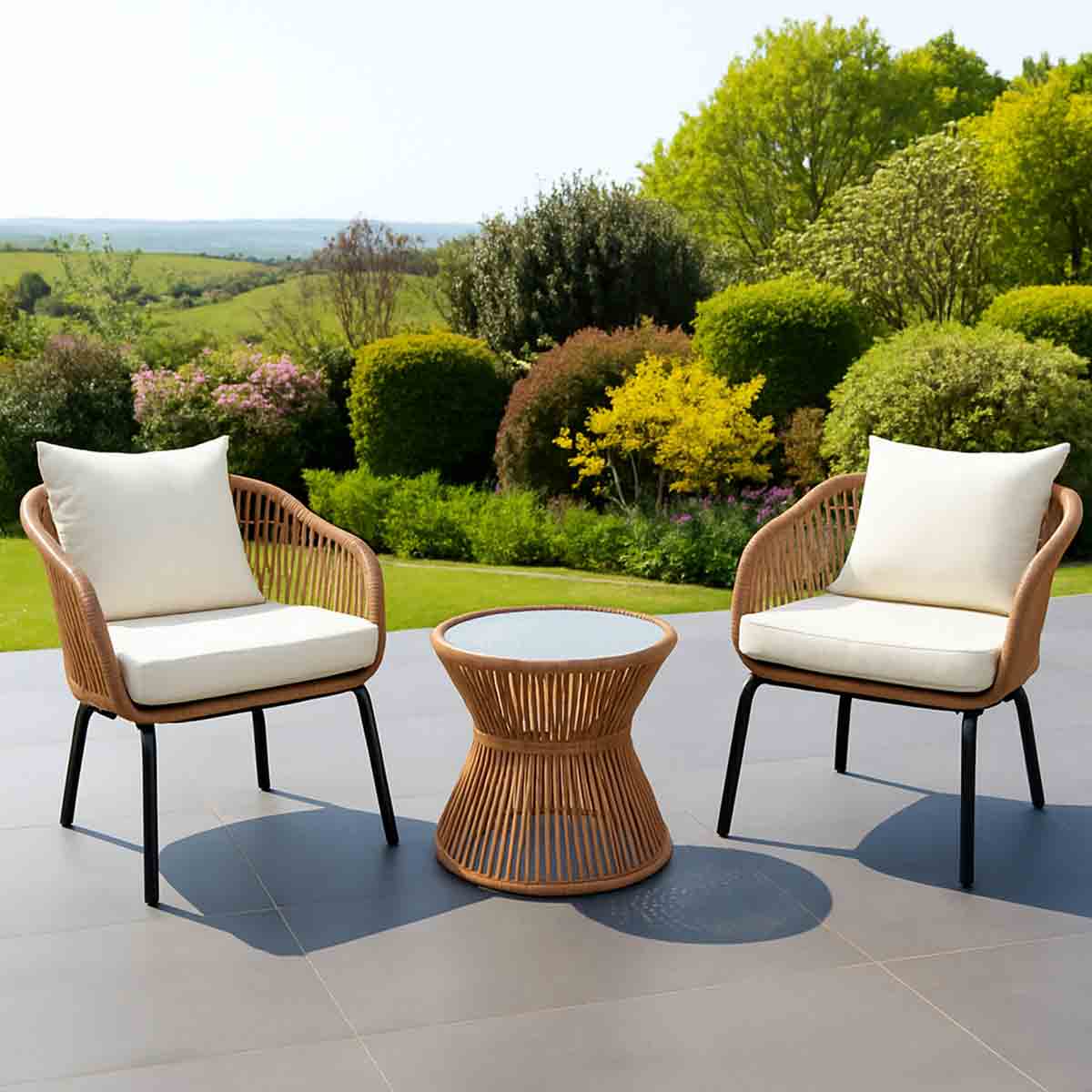 MFURN Caleb 3Piece Patio Bistro Set, Wicker Outdoor Patio Set with Enhanced Comfort Seating, Round Glass Top Coffee Side Table, Patio Rattan Conversation Set for Balcony, Lawn, Garden, Backyard