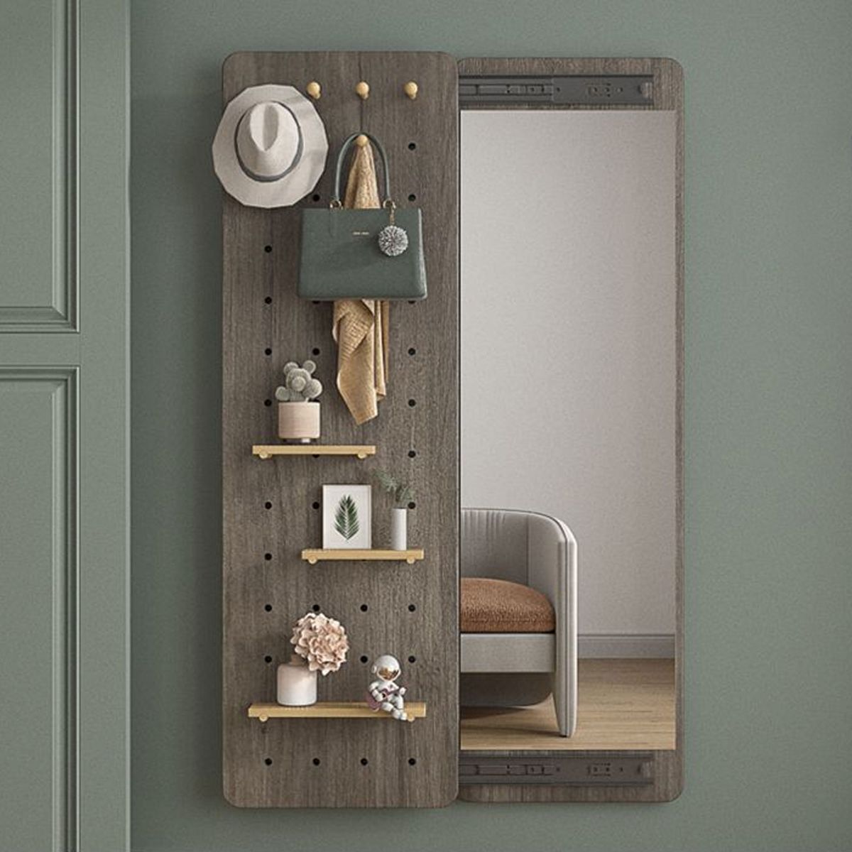 MFURN Multifunctional Full Length Mirror Wood With Shelf And Hooks 120x40cm