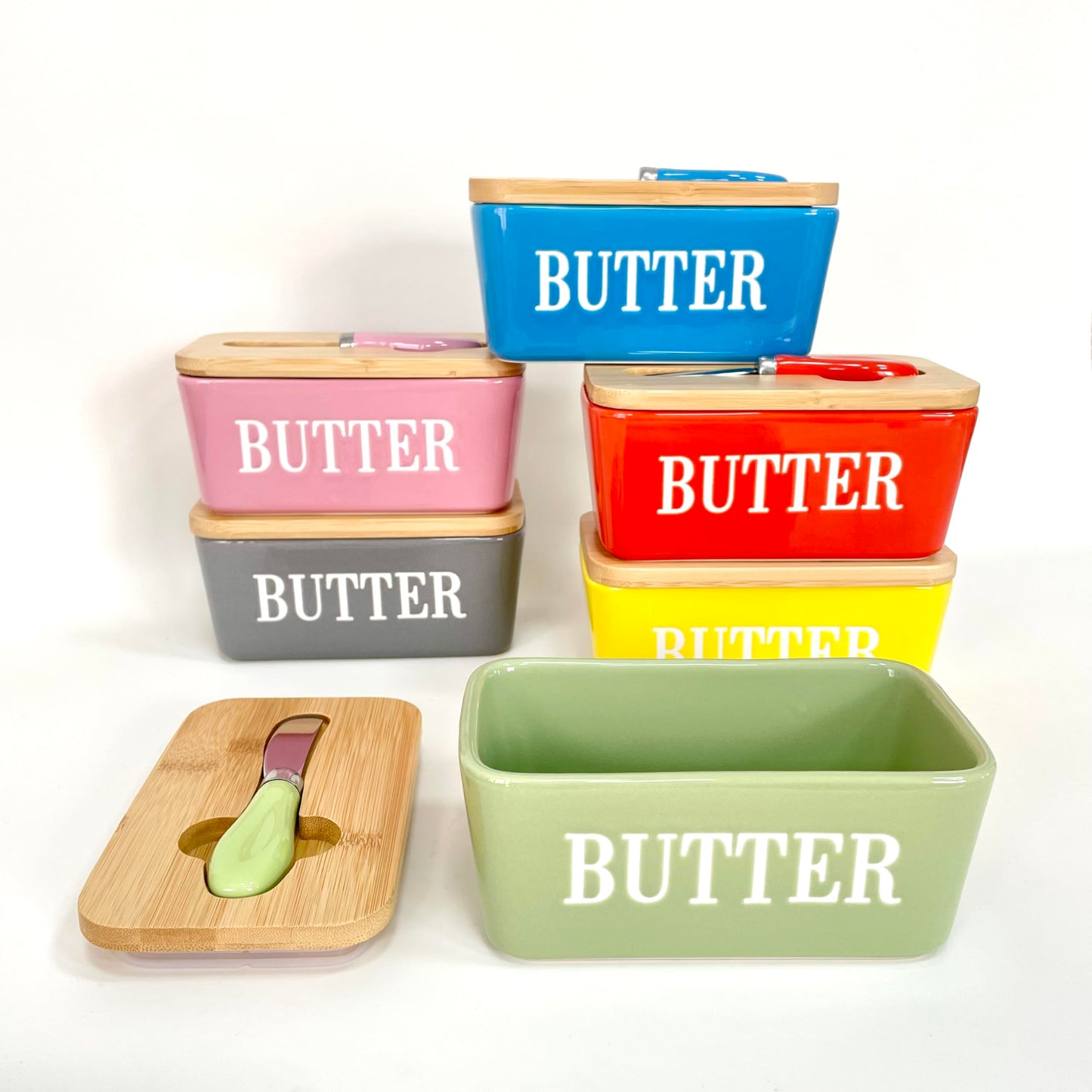 MHome Ceramic Butter Dish With Bamboo Wooden Lid & Butter Knife-Various Colours