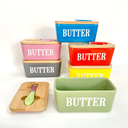 MHome Ceramic Butter Dish With Bamboo Wooden Lid & Butter Knife-Various Colours