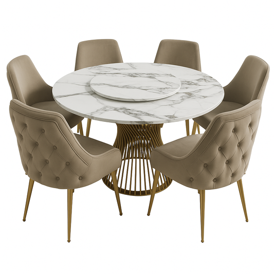 MFurn 6-Seater Marble Top Dining Table Set with Velvet Chairs and Gold Legs
