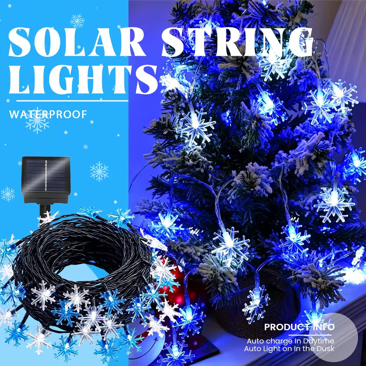 MHome Solar Snowflake String Lights 8 Modes Waterproof Outdoor For Garden Patio Christmas Decoration-20LED 5M