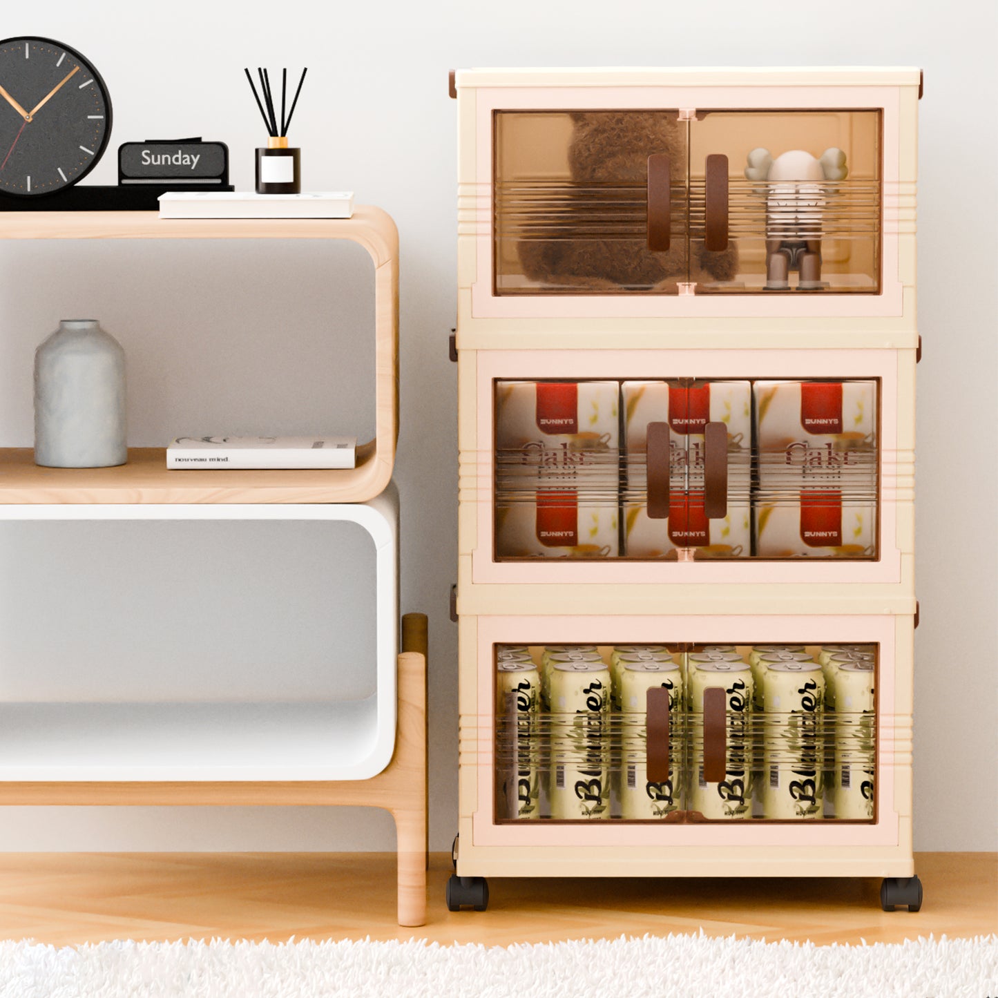 MHome 4-Tier Collapsible Storage Bins with Magnetic Doors - Plastic Folding Storage Cabinet with Wheels