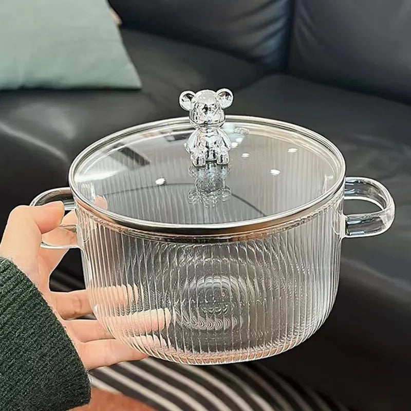 MHome Bear Lid Borosilicate Transparent Nonstick Glass Cooking Pot | Cookware