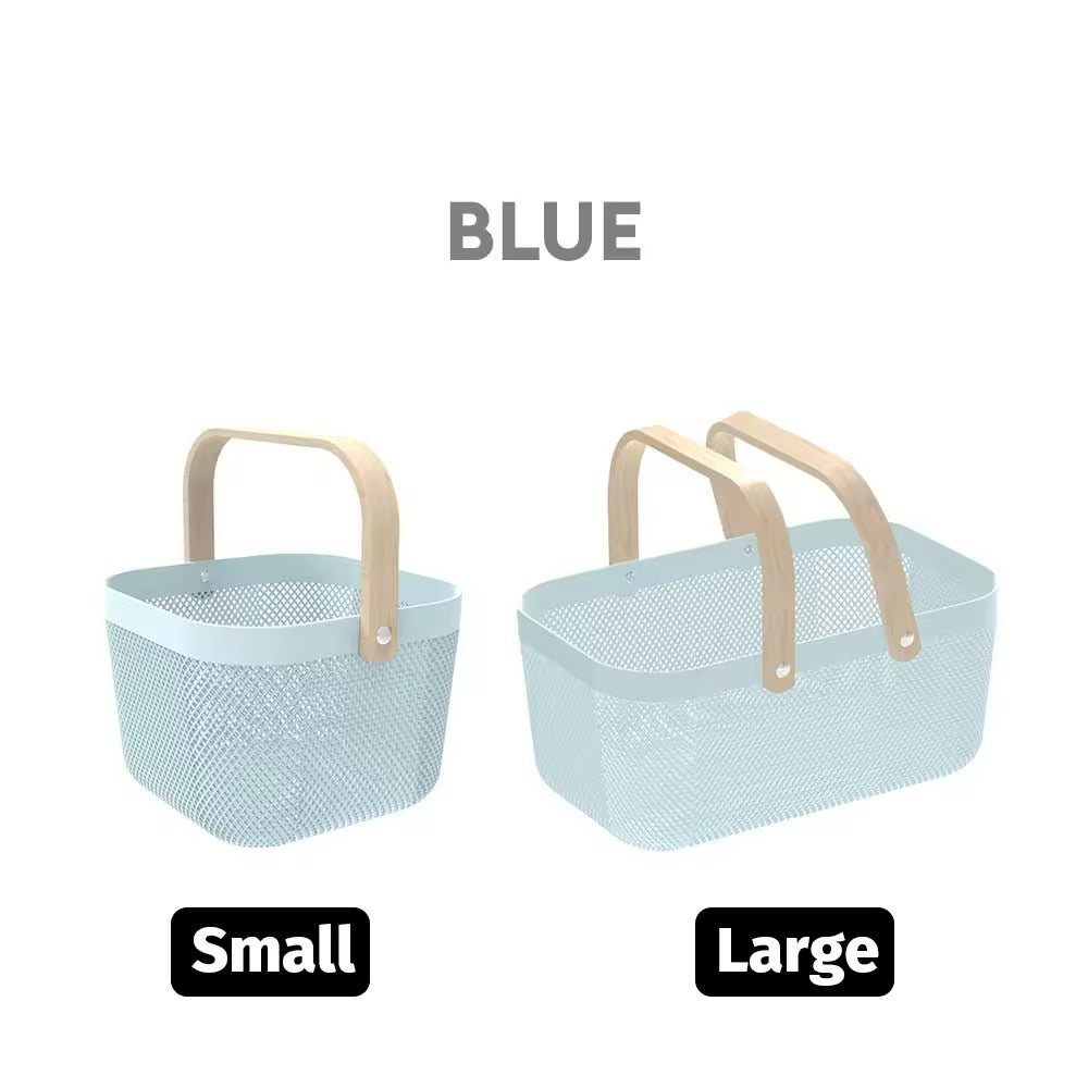 MHome Multifunction Mesh Basket with Wooden Handle Cosmetic Organizer Kitchen Fruit Vegetable Storage Basket-Various Colour 2pc Set