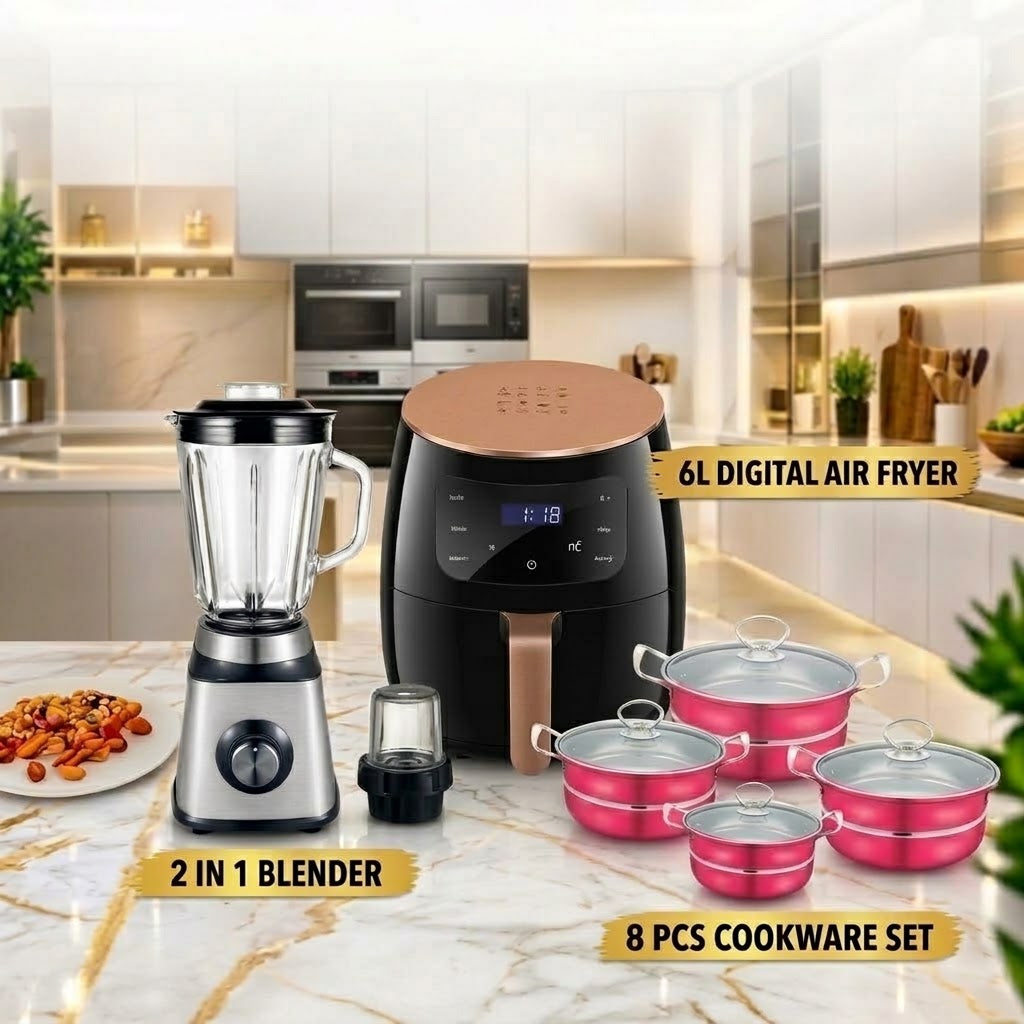 Ultimate 3-in-1 Kitchen Combo Set (6L Digital Air Fryer + 2-in-1 Blender & Ice Crusher + 8-Piece Metallic Pink Cookware Set)