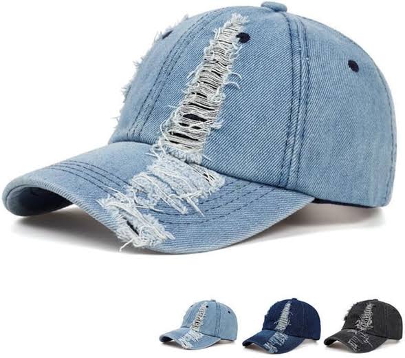 Unisex Ripped Distressed Denim Baseball Cap Trucker Hat Adjustable, Blue or Black Colours
