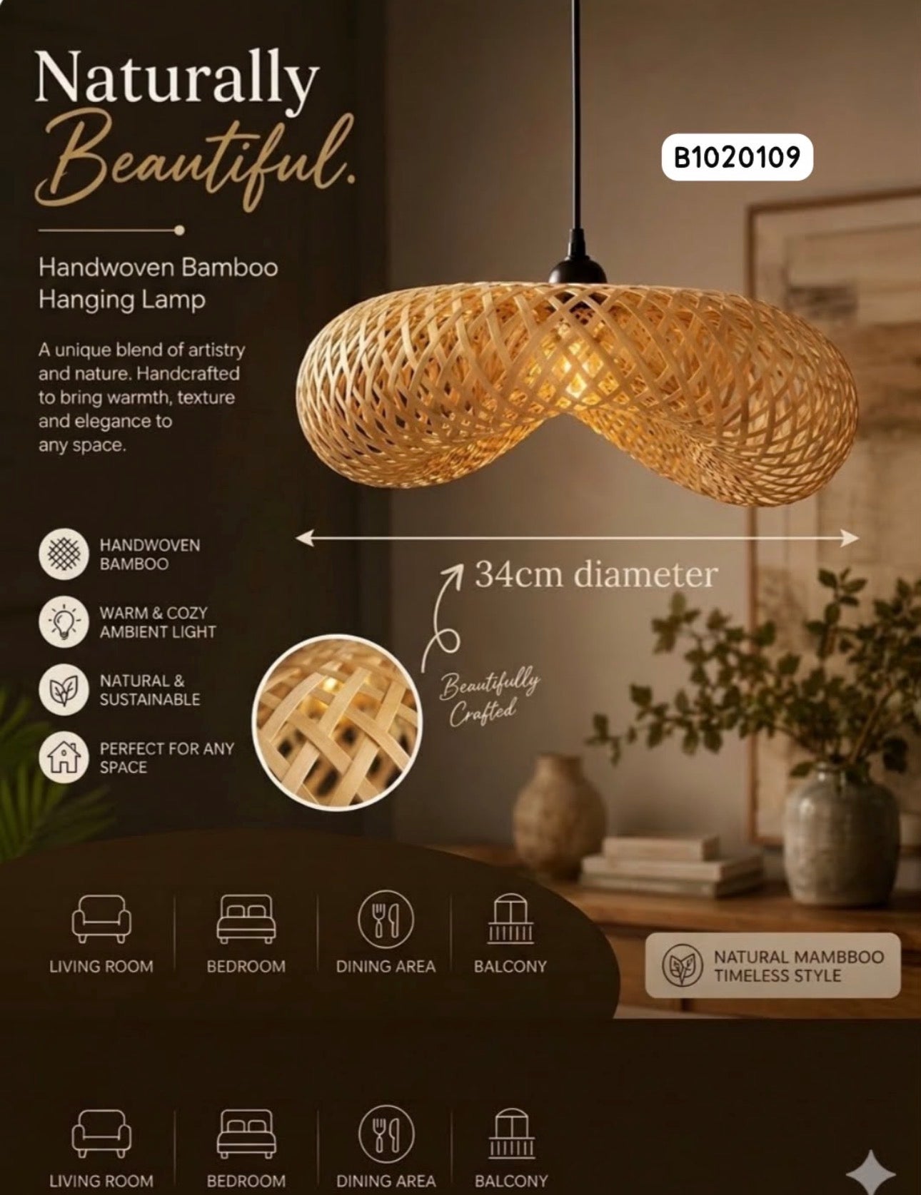MHome Bamboo Wicker Rustic Vintage Rattan Shade Hanging Pendant Light-Various Options