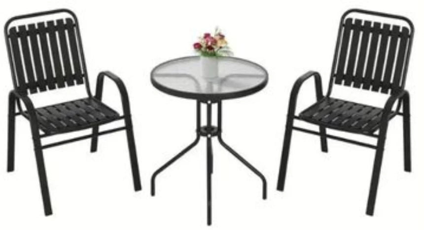 MFurn Dwight 3-Piece Outdoor Bistro Patio Set – Metal & Glass Table with 2 Chairs (Black)