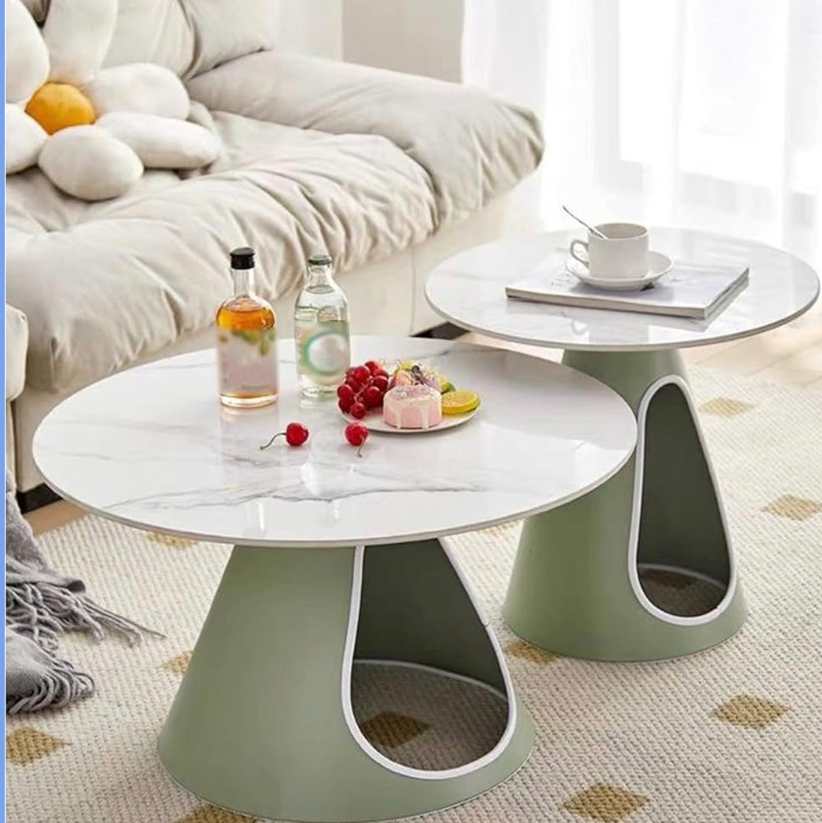 MFURN Modern Minimalist Round Stone Slab Iron Coffee Table 2-Tier For Living Room