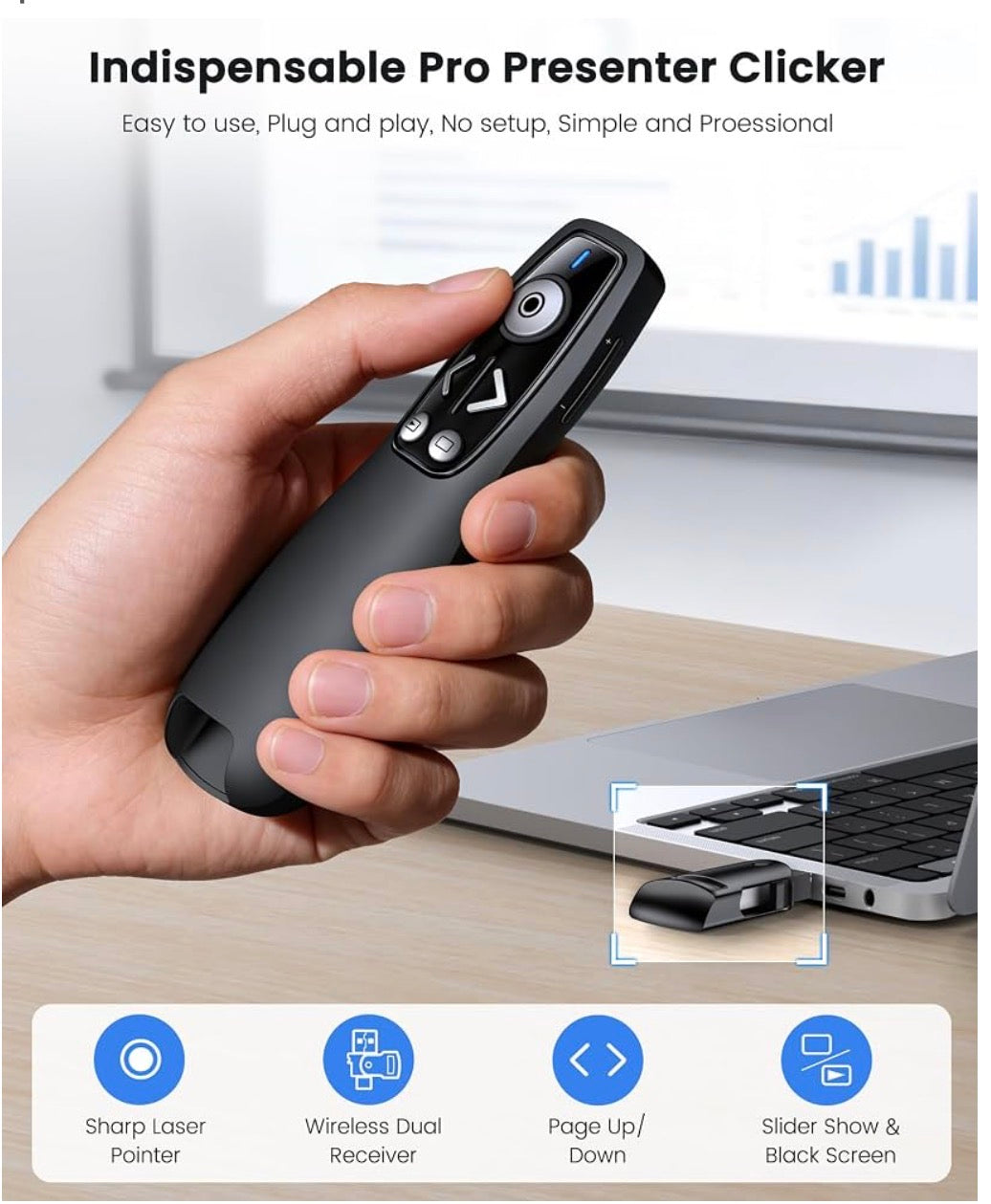 MTech
2-in-1 USB Type C Presentation Clicker Wireless Presenter Remote for PowerPoint, Powerpoint Clicker with Hyperlink & Volume Control PowerPoint Slide Advancer for Mac, Computer, Laptop