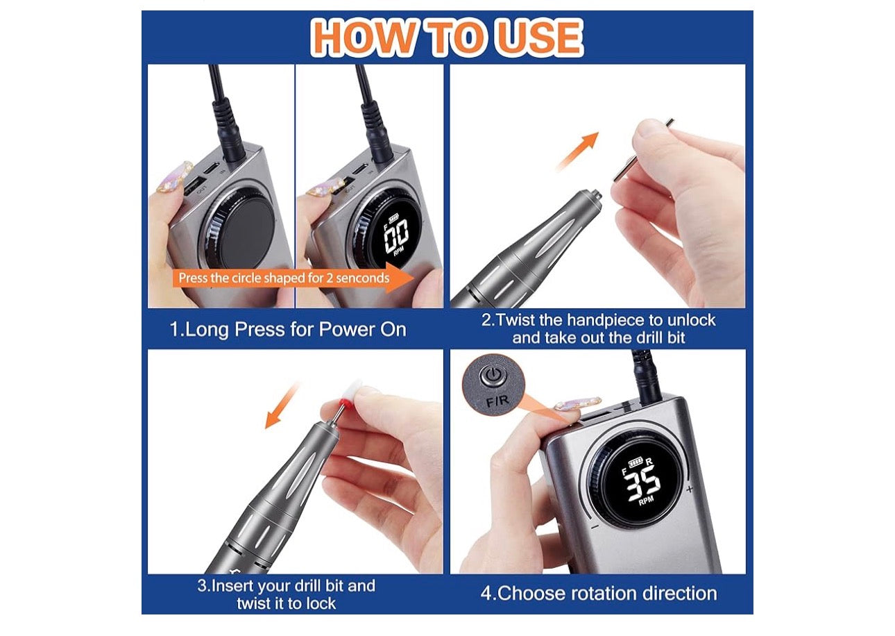 Professional Rechargeable 35000 RPM Nail Drill, Electric Nail Drills Machine for Acrylic Nail Natural Extension Poly Nail Gel, with 6 bits Portable Manicure Pedicure Drill Machine, Grey