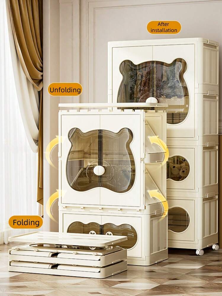 MHome  Kids Bear Wardrobe/Multifunctional Collapsible Plastic Wardrobe for Kids- Storage Cabinet – Dustproof Organizer for Baby Clothes, Toys & Books with Wheels & Hangers- Beige/Various Sizes