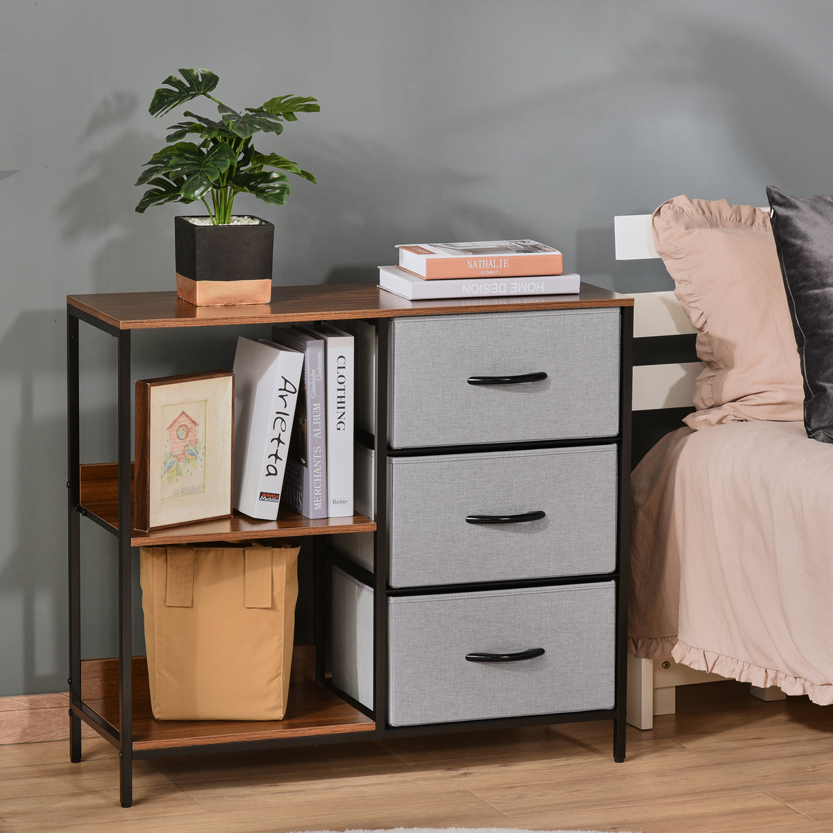 MFURN Narrow Fabric Chest of Drawers, Fabric Dresser with 3 Folding Drawers, 3 Open Shelves and Wide Top, Dresser for Bedroom, Living Room and Hallway, Walnut, Light Gray & Dark Gray Options