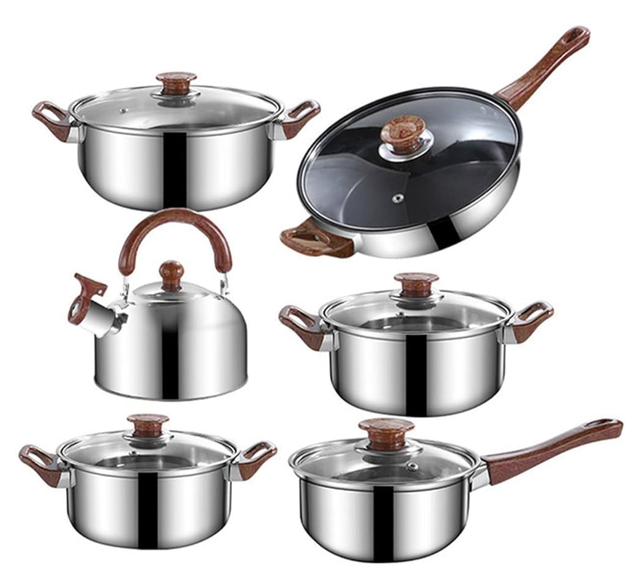 12Pcs Pots and Pans Set with 3L Kettle Nonstick Kitchen Stainless Steel with Lids Dishwasher Safe