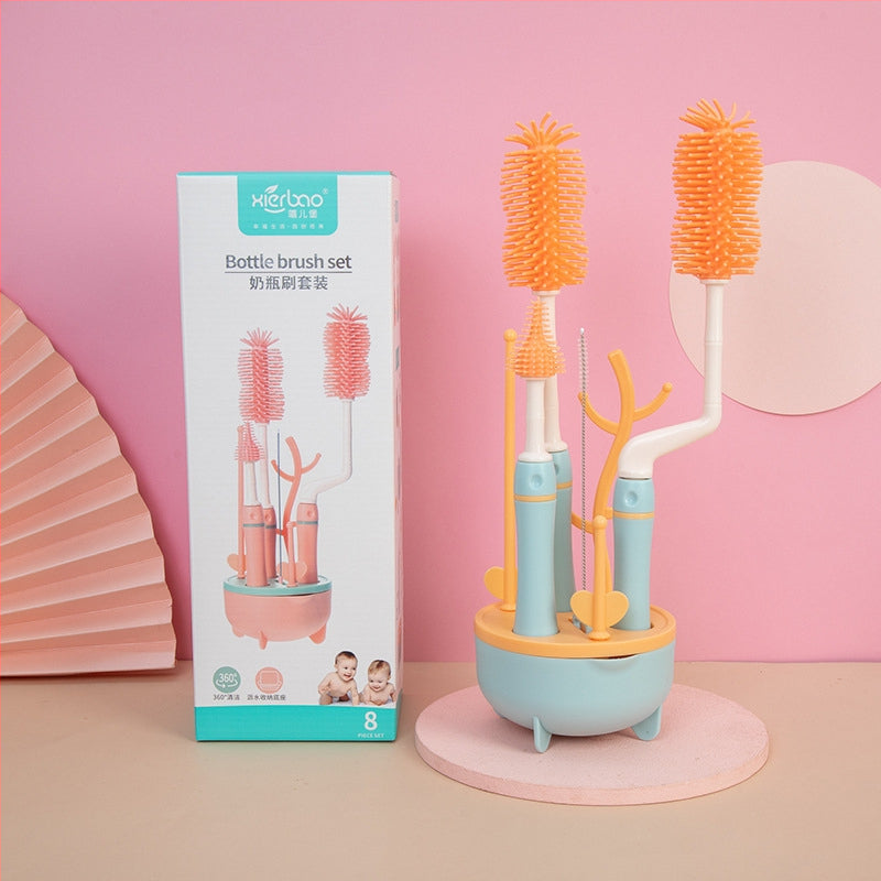 Hercules Bear - Baby Silicone Bottle Cleaning Brush Set 360 ^ Rotating 8pc Set-Various Colours