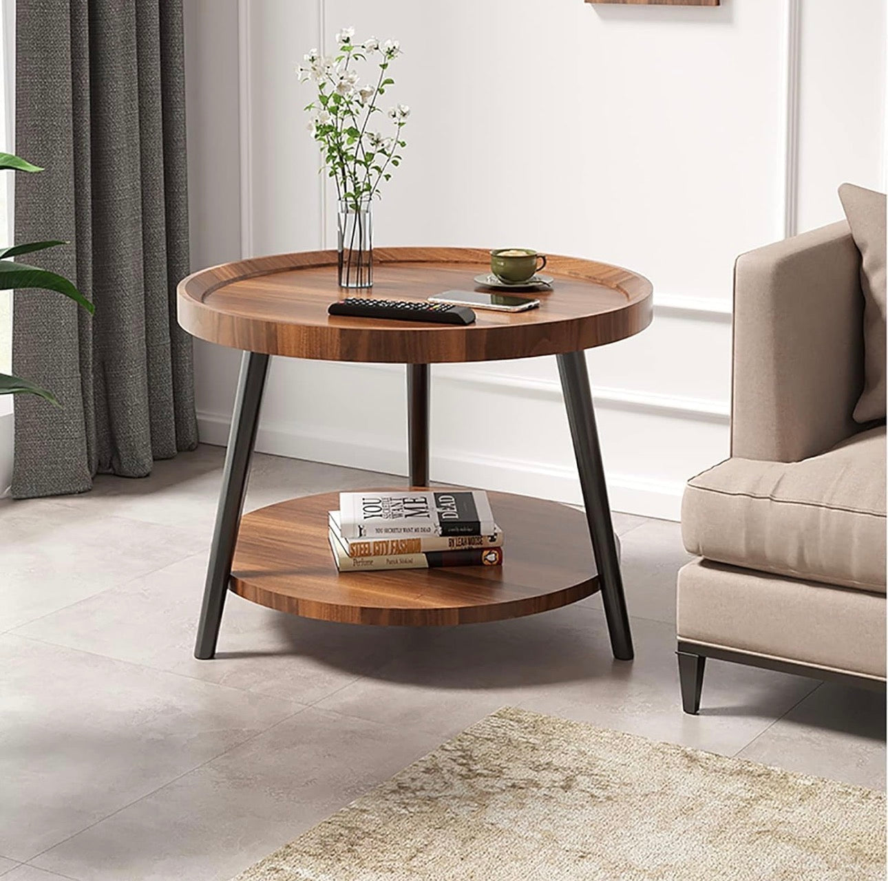 MFurn Modern Double-Layer Round Coffee Table, For Living Room, Sofa Side Table, Bedside Table - Ideal For Balcony, Corner Table, Tea Table - Sleek Design