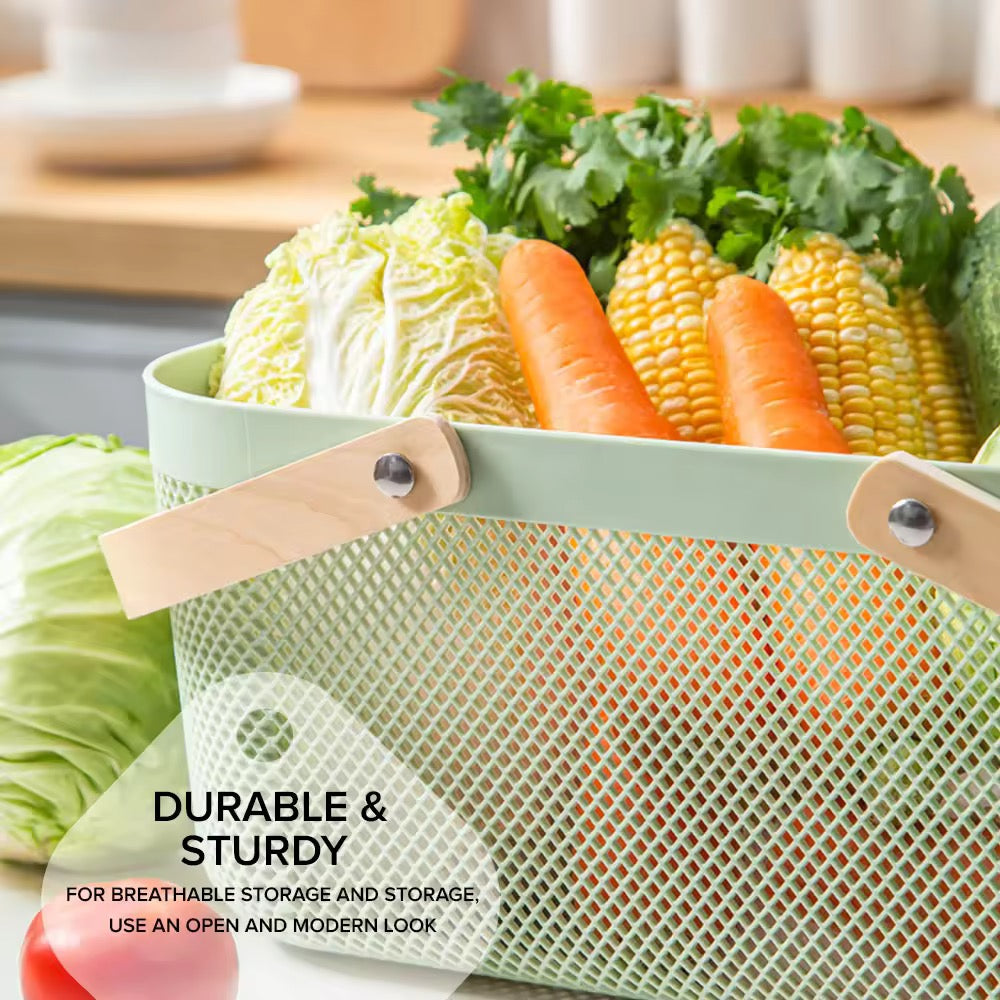 MHome Multifunction Mesh Basket with Wooden Handle Cosmetic Organizer Kitchen Fruit Vegetable Storage Basket-Various Colour 2pc Set