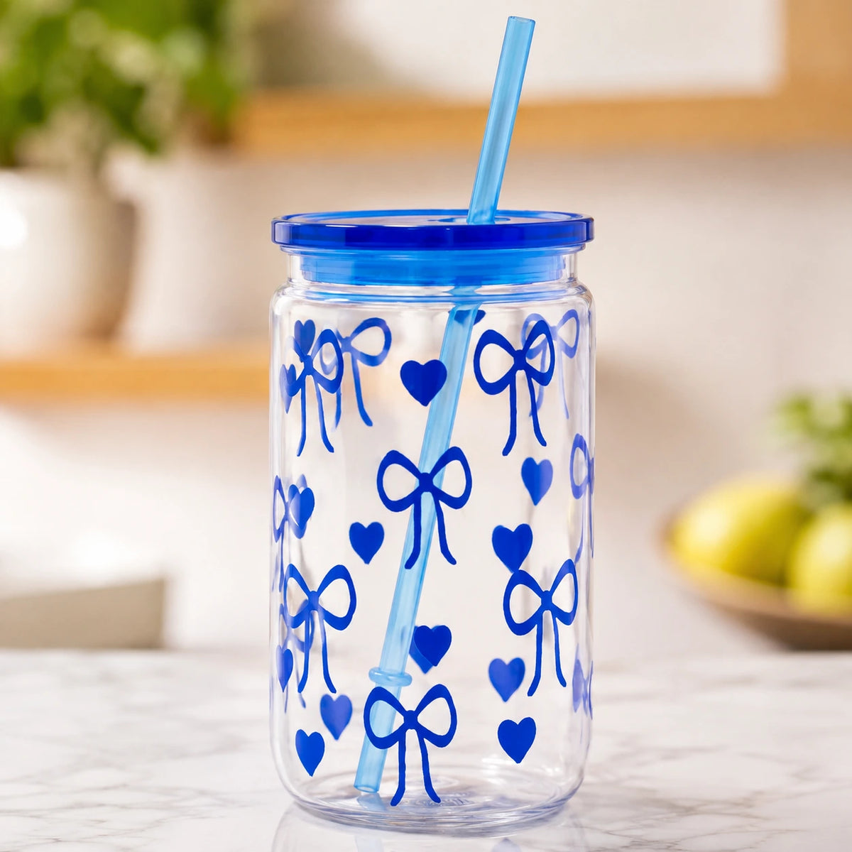 MHome Unbreakable Plastic Tumbler 450ml with Lid and Straw – Bow Print Sipper Glass for Cold Coffee, Juice and Water