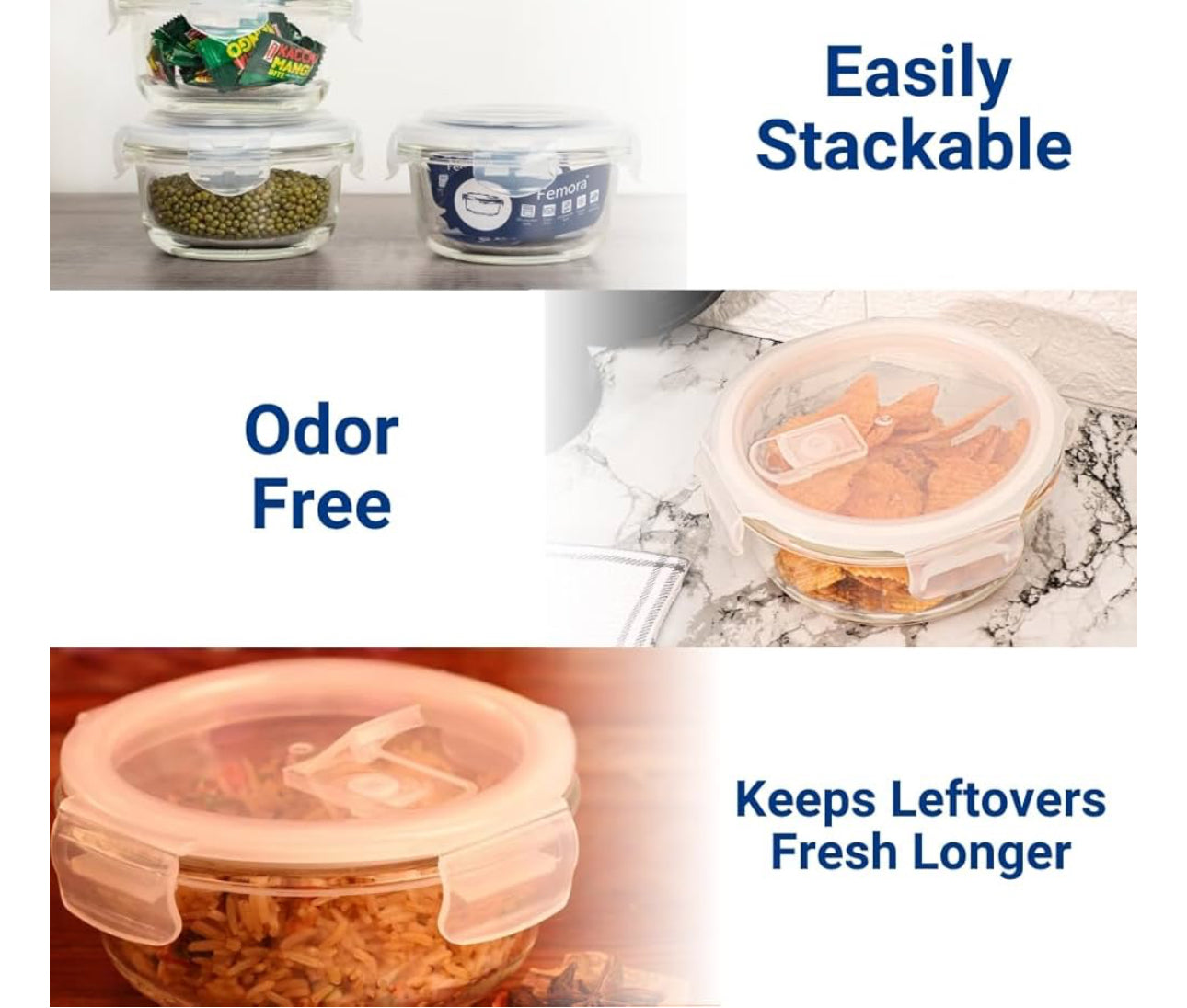 MHome Borosilicate Glass Food Storage Container With Air Vent Lid, Set of 3pc