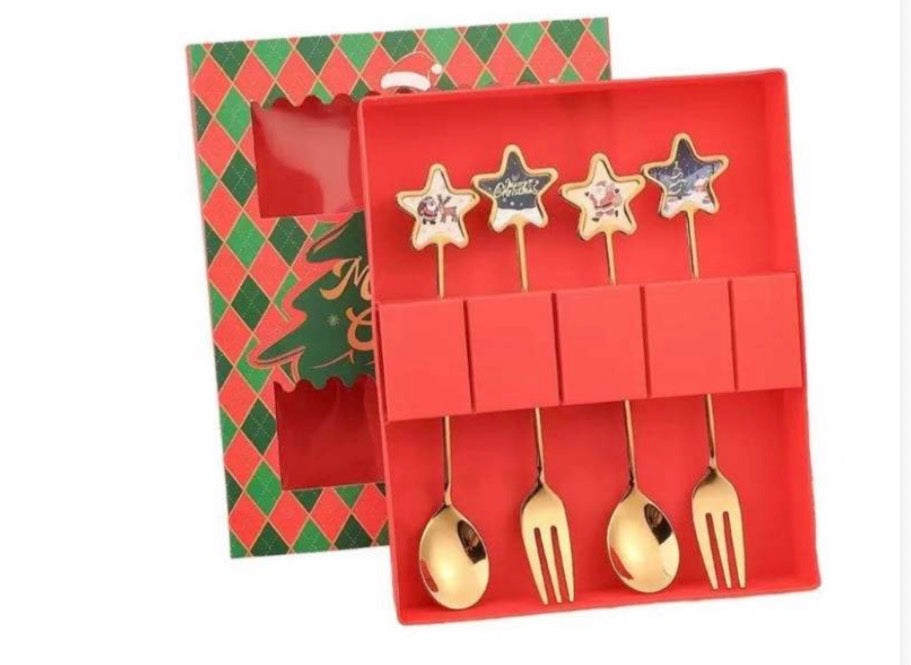 MHome Christmas Dessert Cutlery Spoon & Fork Set 4pc in Gold or Silver Options